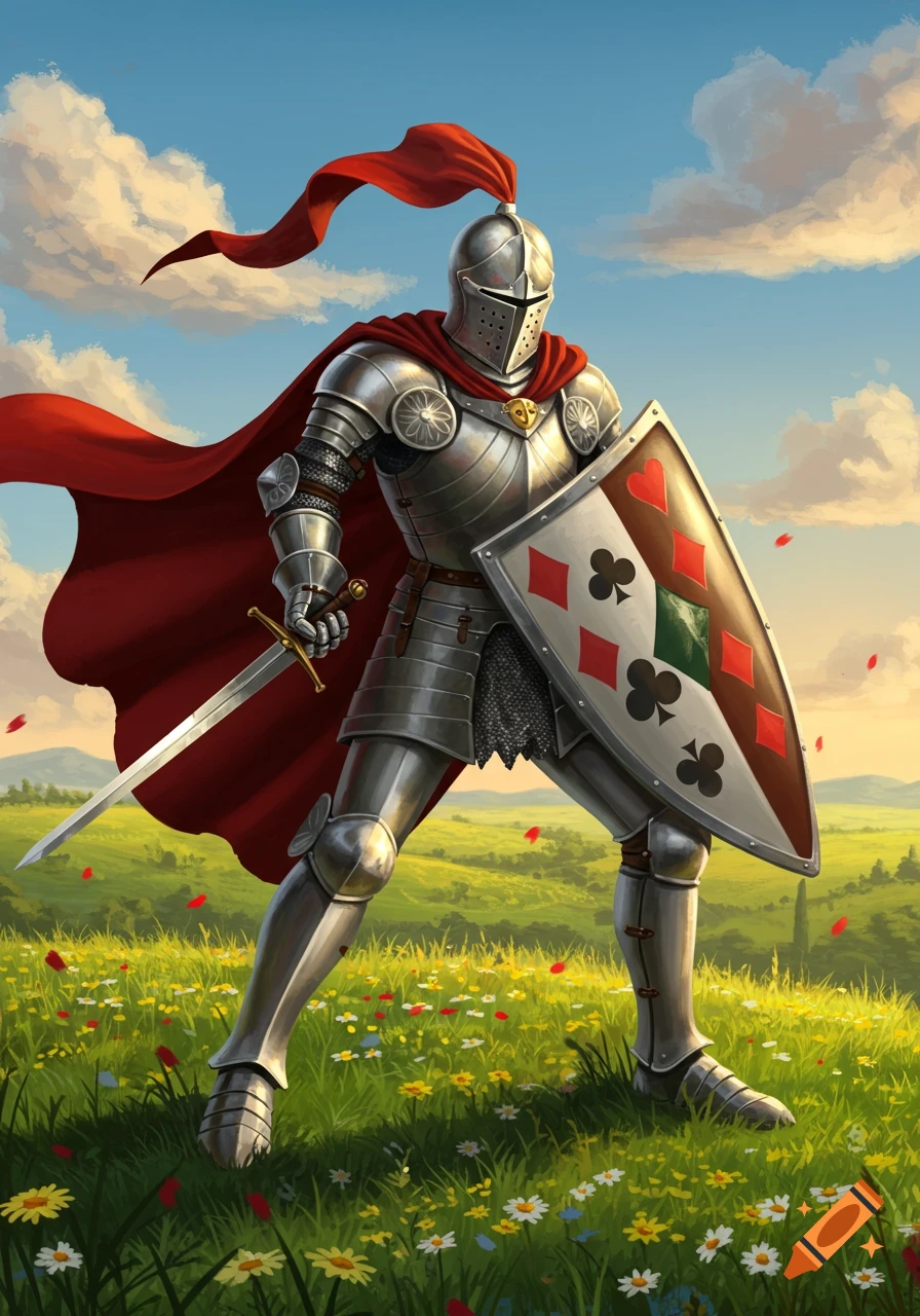 A knight in shining full plate armor and a flowing red cape stands in a vibrant green field with flowers, holding a sword and a shield adorned with playing card symbols.
