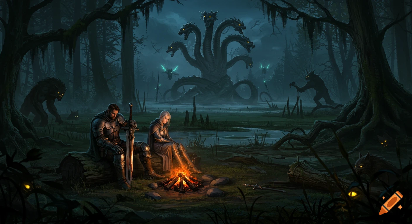 Dark fantasy art of two heroes by a campfire in a swampy forest, stalked by werewolves, with a hydra in the background.