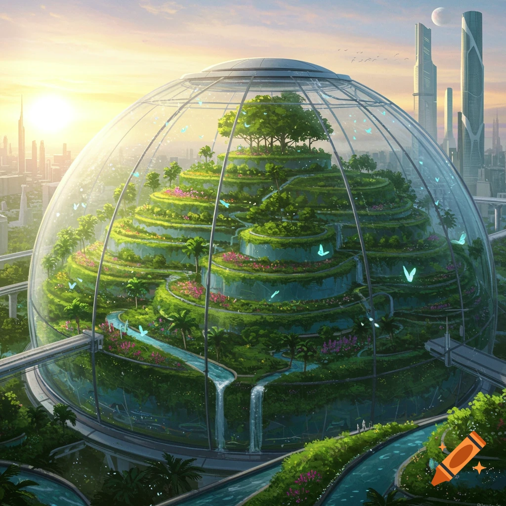 A futuristic glass dome biosphere with lush terraced gardens and waterfalls, set within a modern city at sunset.