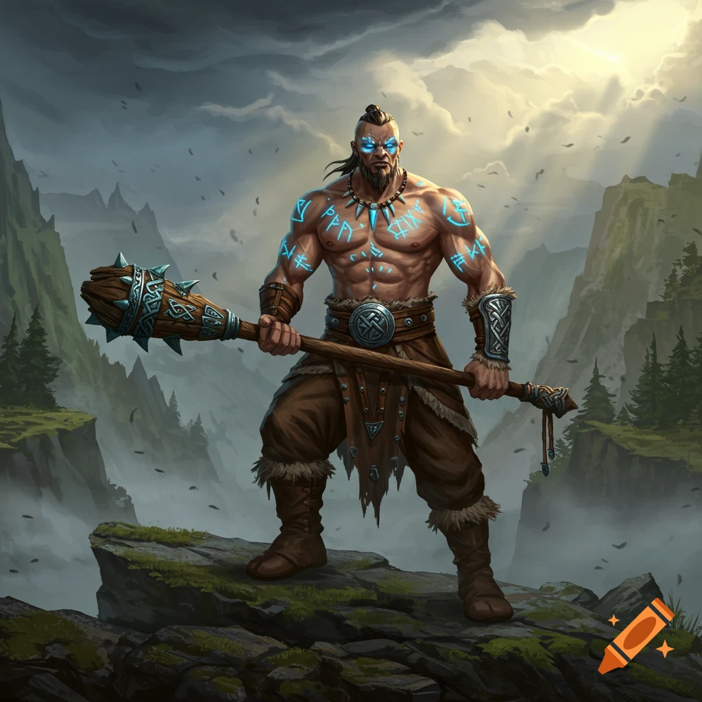 A muscular barbarian warrior with glowing blue rune tattoos, holding a large spiked club, stands on a misty mountain cliff.