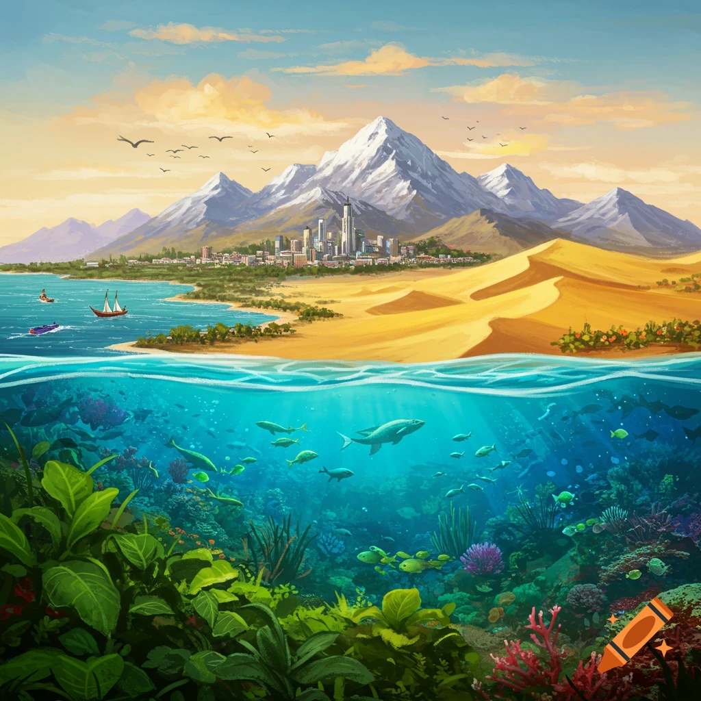 Illustration of a split view showing mountains, a city, desert, and ocean above water, and a colorful coral reef with marine life below.