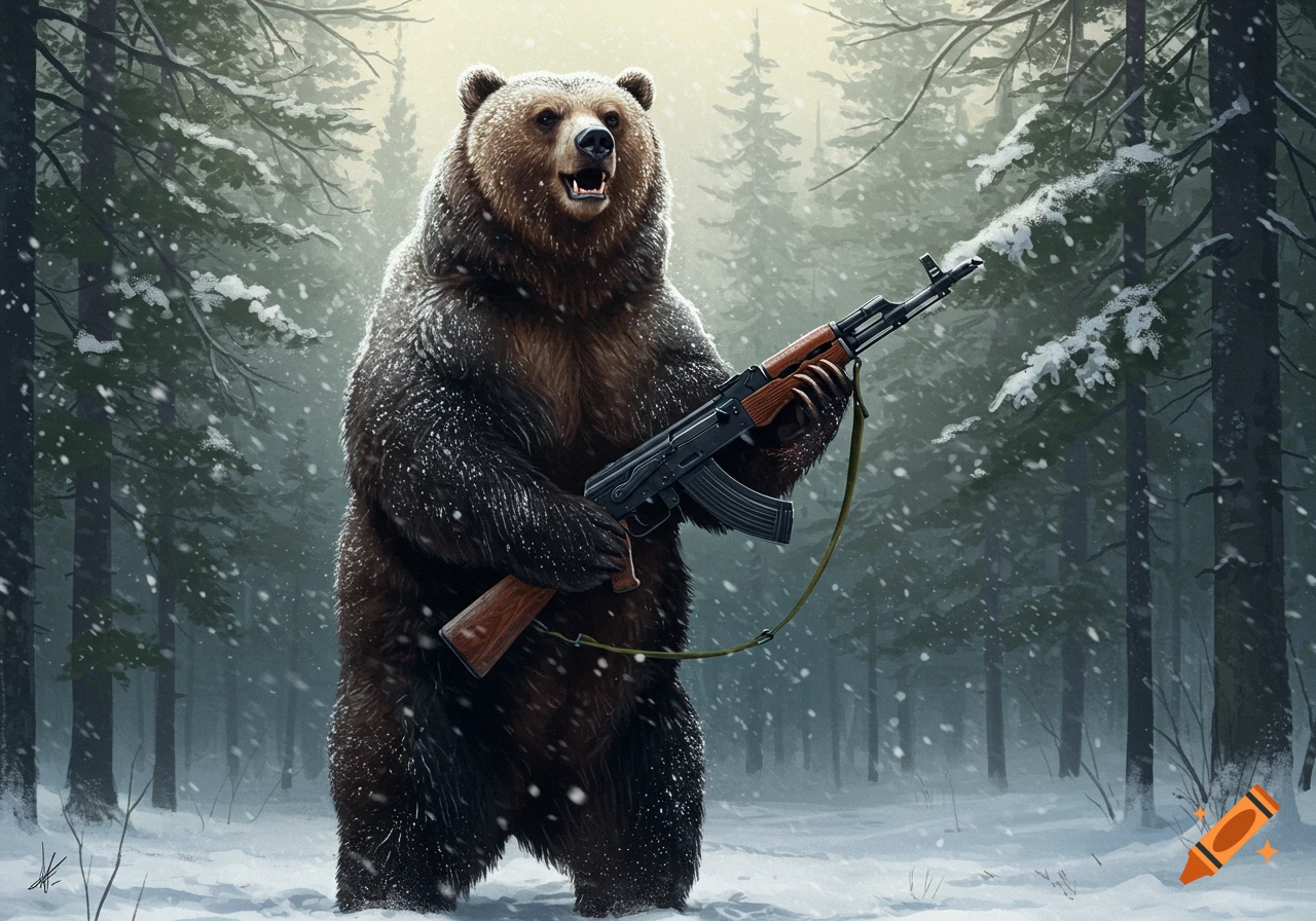 A brown bear stands upright in a snowy forest, holding an AK-47 rifle. Digital art.