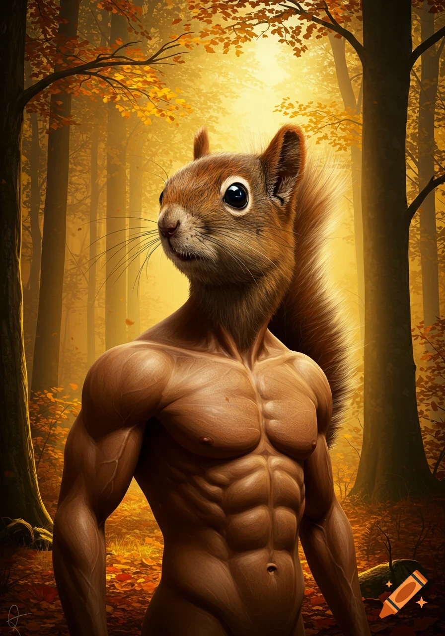A muscular anthropomorphic squirrel with a human body stands in a vibrant, sunlit autumn forest.