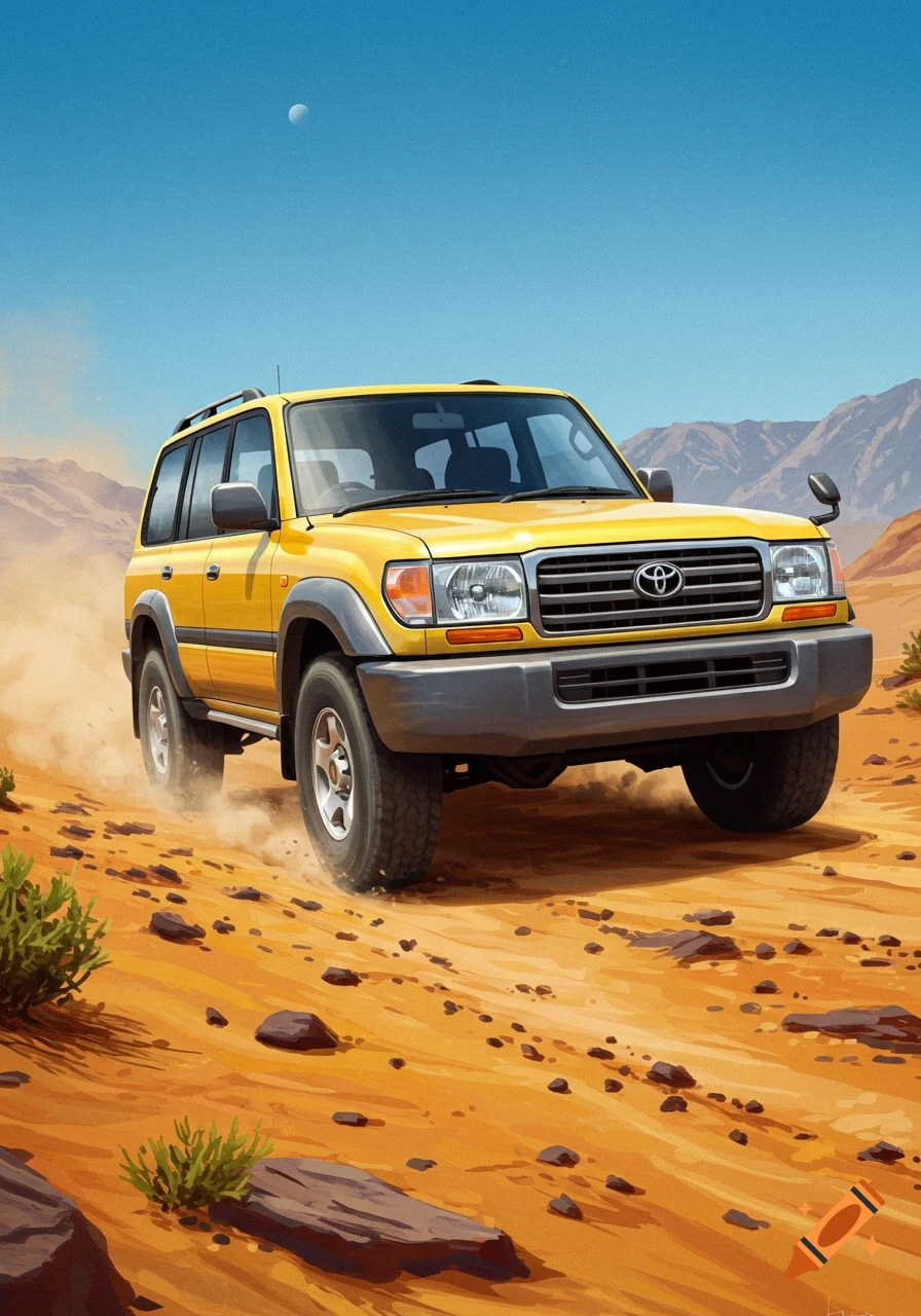 Yellow Toyota Land Cruiser SUV driving on a dusty desert road with mountains under a blue sky and moon, illustration.