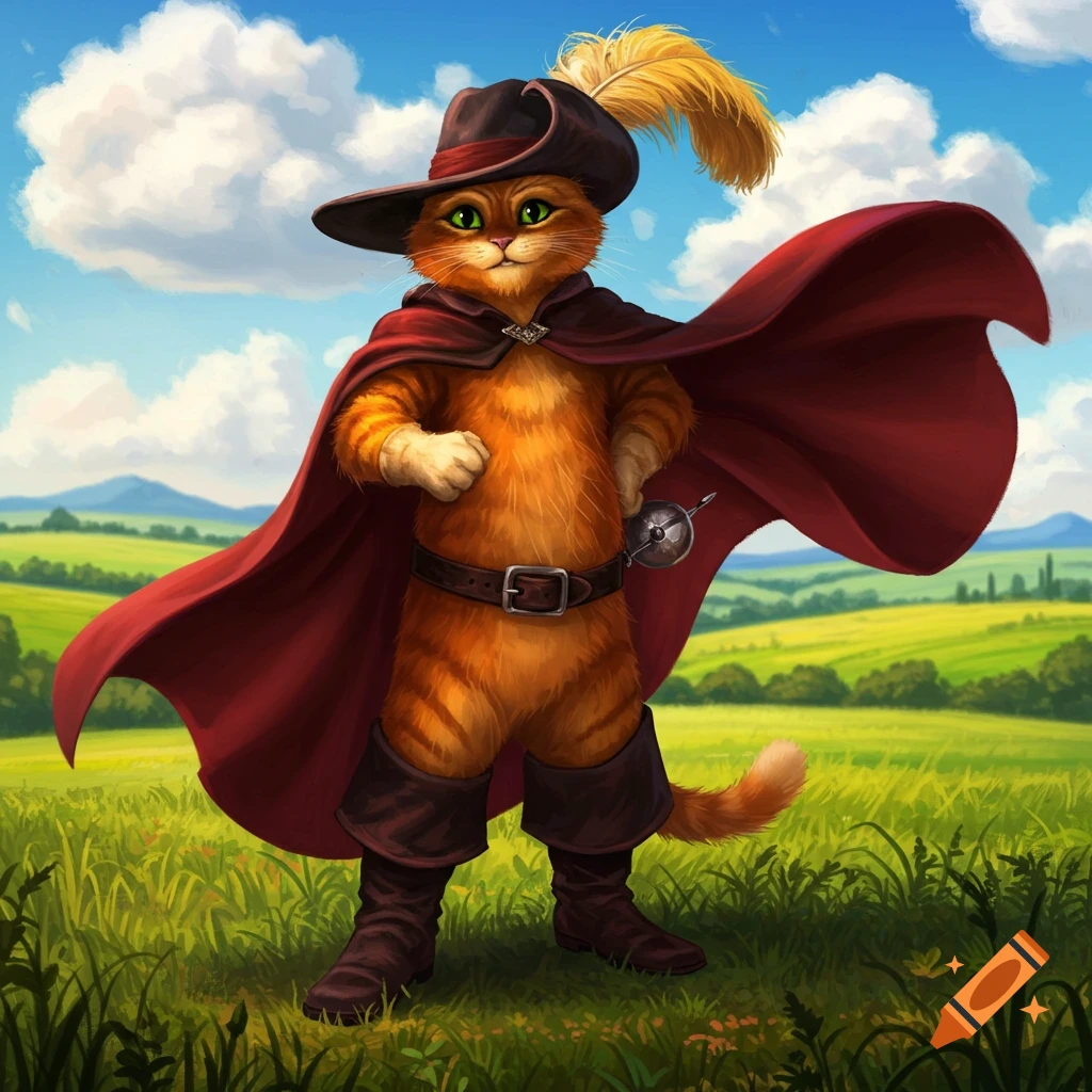 An anthropomorphic ginger cat wearing a feathered hat, red cape, and boots stands confidently in a green field under a blue sky.