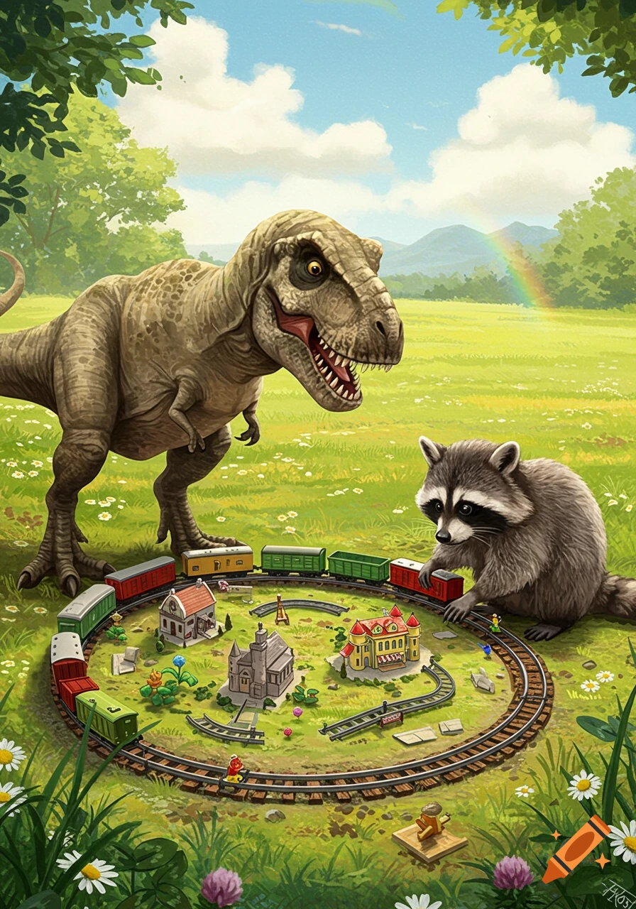 A T-Rex and a raccoon play with a toy train set in a grassy field with trees, mountains, and a rainbow.