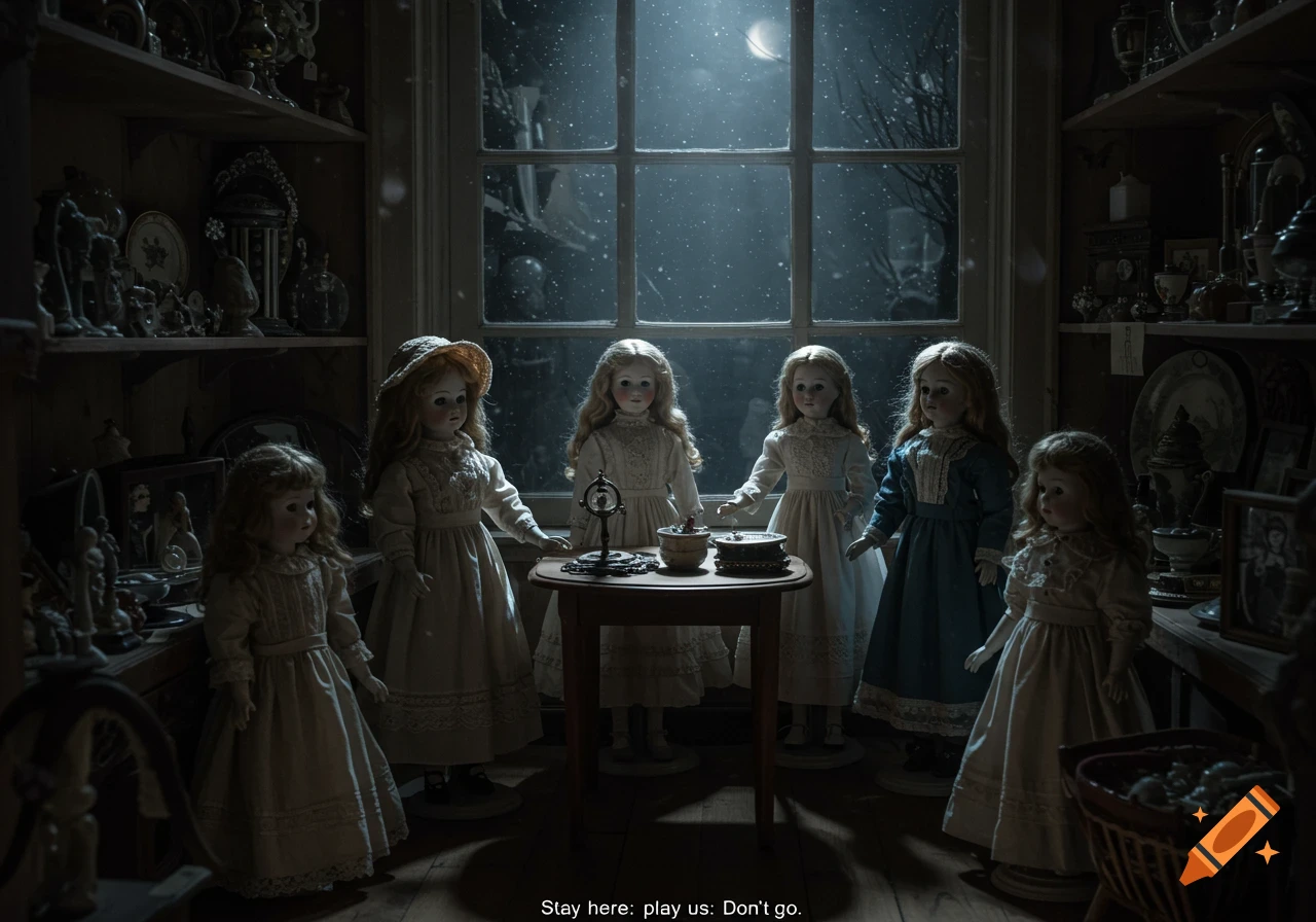 Antique dolls in a dimly lit room, illuminated by a full moon through a window, with snow falling outside. Text at the bottom reads "Stay here: play us: Don't go."