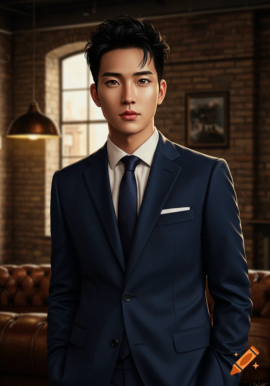 A handsome young British-Korean man in a dark blue suit stands with his hands in his pockets, against a stylish brick wall background.