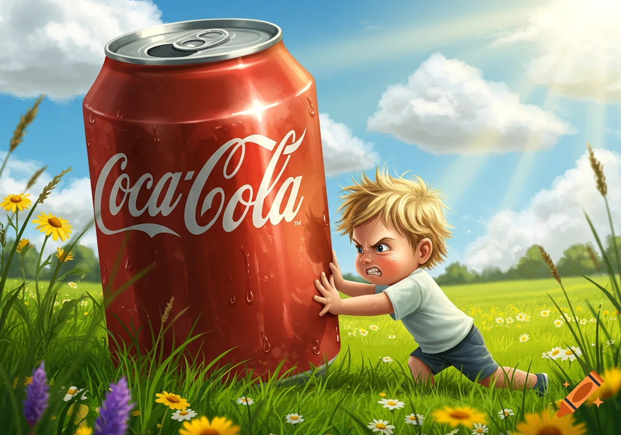 A determined cartoon boy struggles to push a giant Coca-Cola can across a sunny green field with wildflowers.