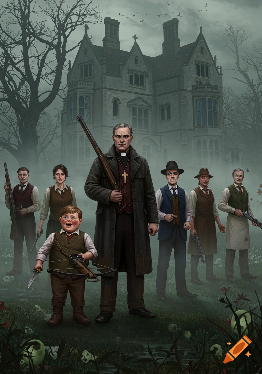 A group of stern-looking figures, including a priest, a woman, and a young boy with weapons, stand in a misty, skull-laden field before a gothic manor.