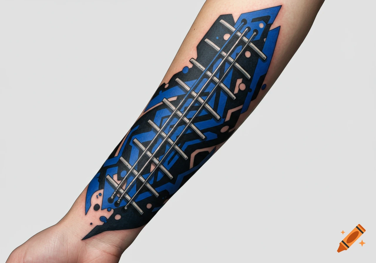 Abstract blue and black trash polka style tattoo resembling a guitar fretboard on a person's forearm.