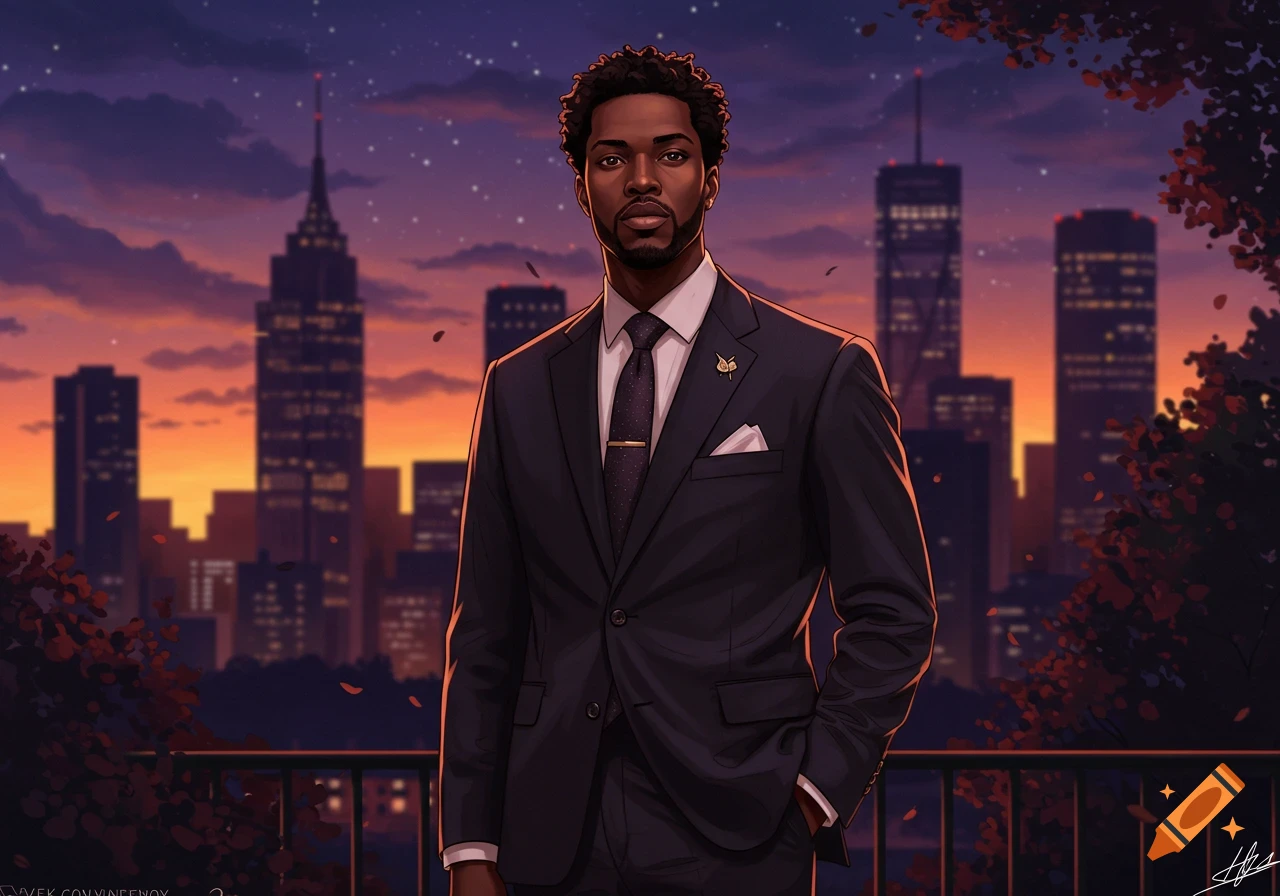 Stylish Black man in a dark suit on a balcony overlooking a city skyline at sunset, digital art.