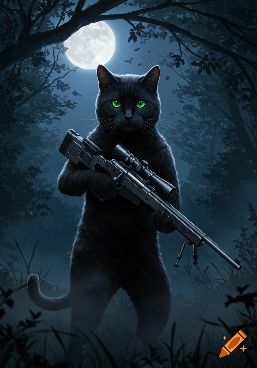 A striking digital illustration of a black cat with glowing green eyes, holding a sniper rifle in a dark forest under a full moon.