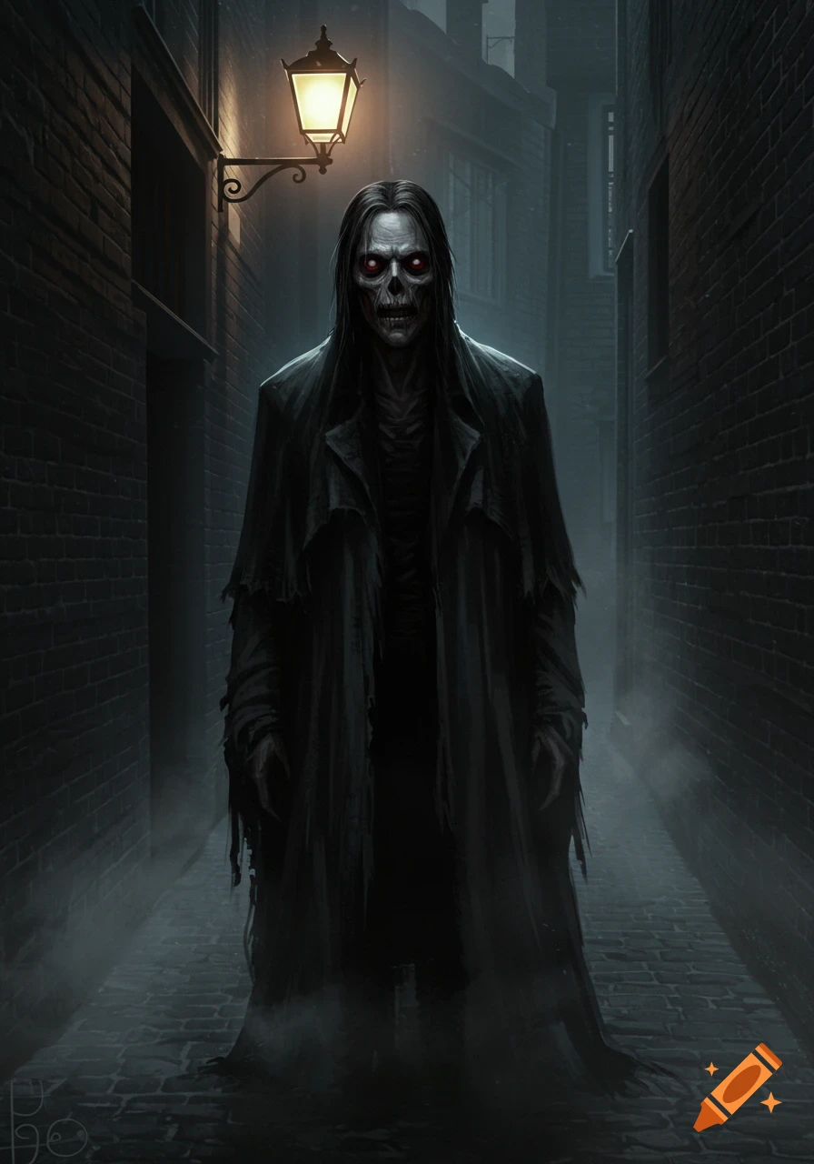 A gaunt, skeletal monster with glowing red eyes and dark hair in a tattered coat stands in a foggy, dark alley lit by a gas lamp. Horror illustration.