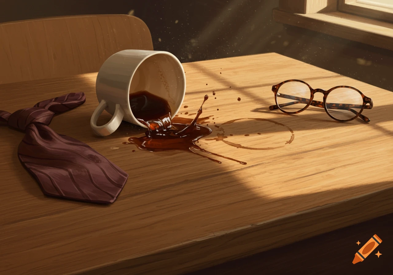 A white coffee mug spilling dark coffee on a wooden table, next to a tie and tortoiseshell glasses.