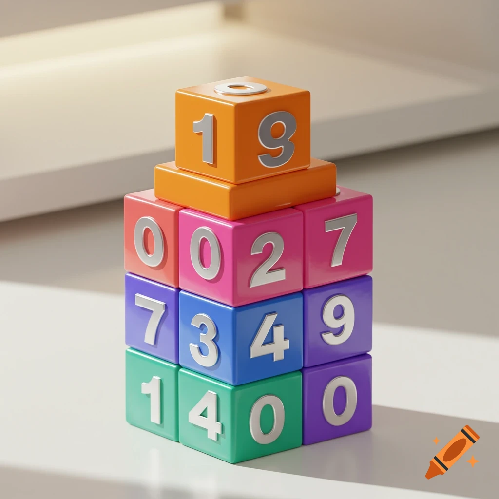 A stack of colorful number blocks arranged in a pyramid shape, with various numbers like '19', '0', '2', '7', '3', '4', '9', '1', '0' visible on their faces.