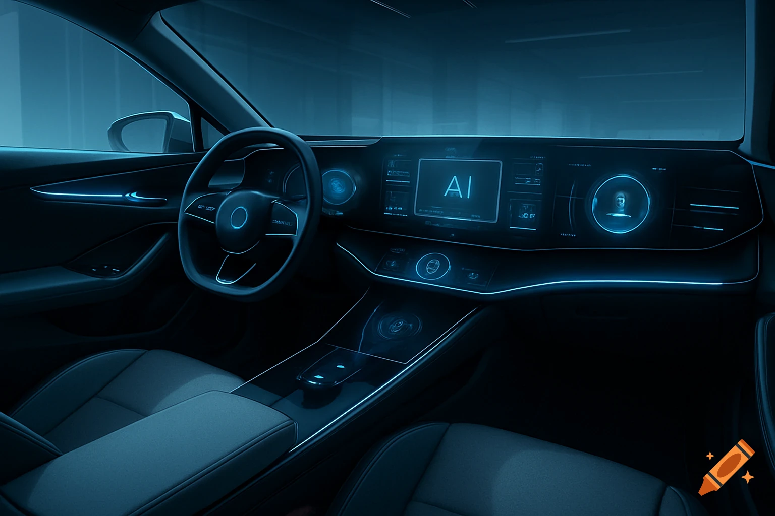 Futuristic car interior with blue ambient lighting, a steering wheel, and digital AI displays on the dashboard.