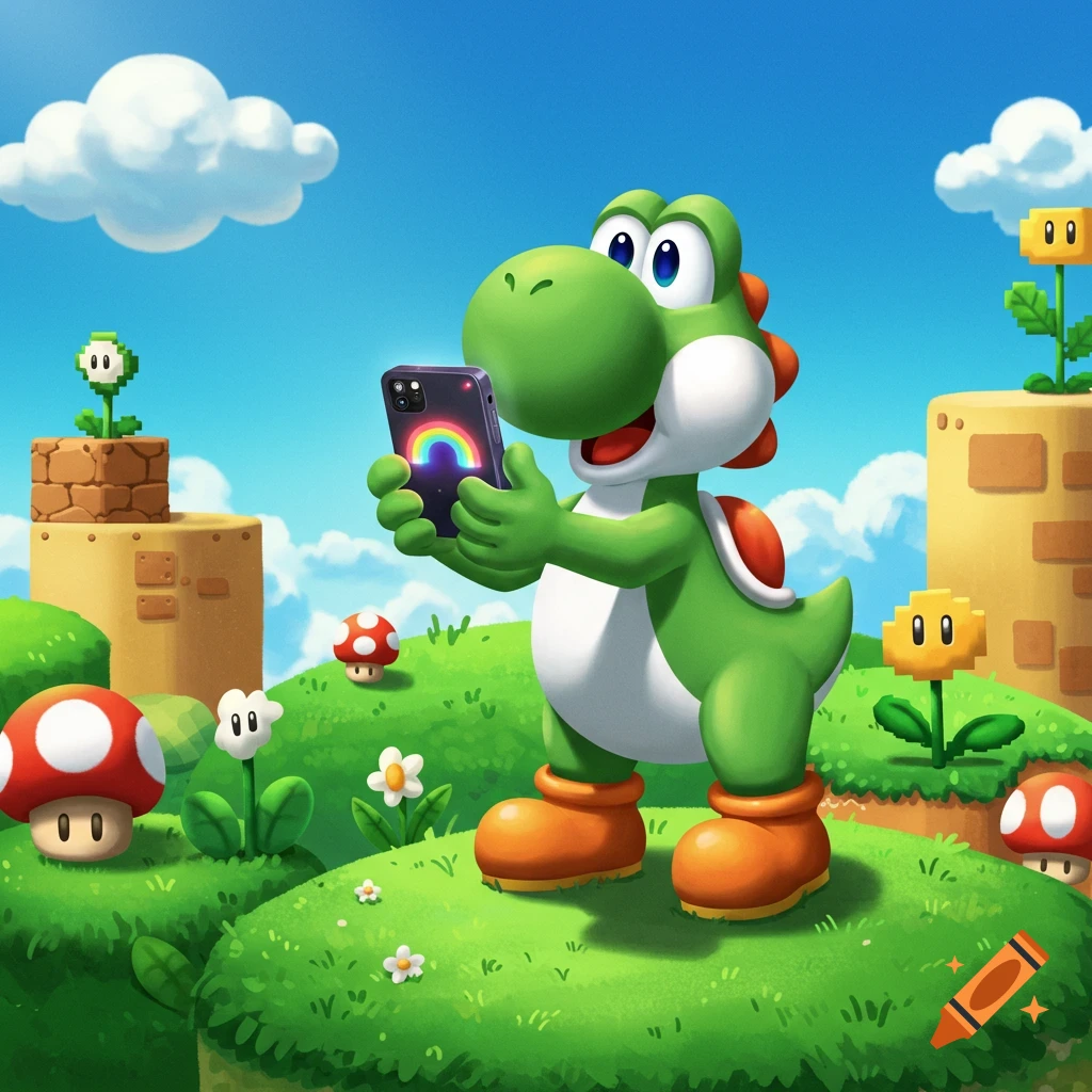 Yoshi holds a smartphone displaying a rainbow in a colorful Super Mario Bros. video game world.