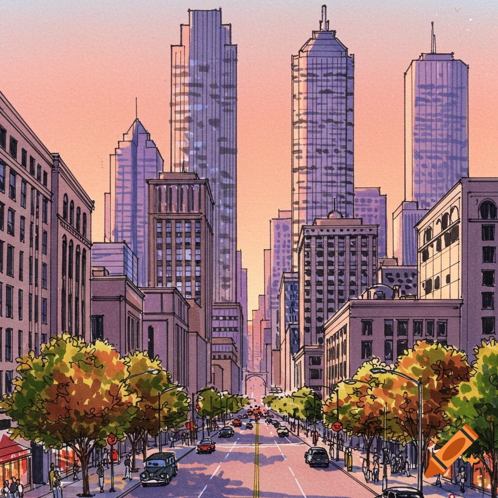 Marker art illustration of a bustling cityscape at sunrise with tall buildings, a street full of cars, and trees.