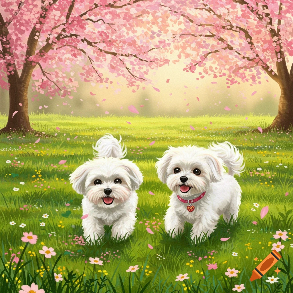 Two happy fluffy white dogs play in a vibrant green field with pink flowers and falling cherry blossoms, under pink-leafed trees, in an illustration.