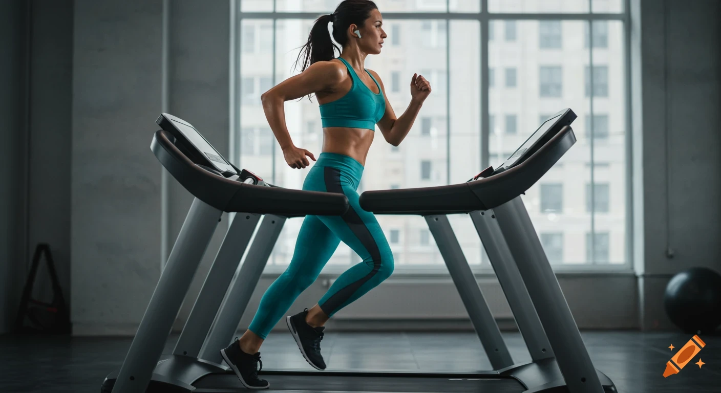 A photorealistic image of a fit woman running and sweating on a treadmill in a modern gym.