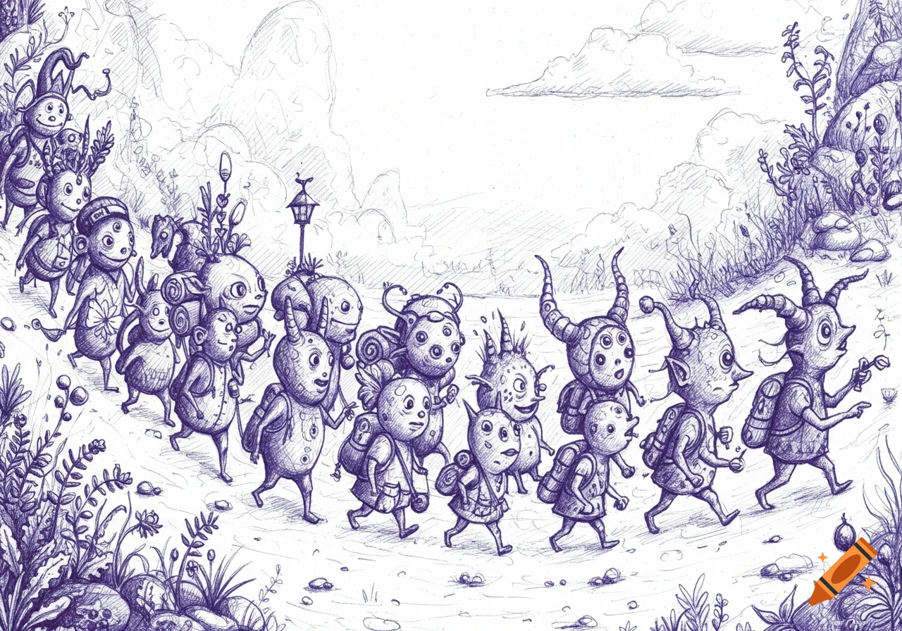 A detailed purple pen sketch of many strange, whimsical creatures with backpacks walking on a path.