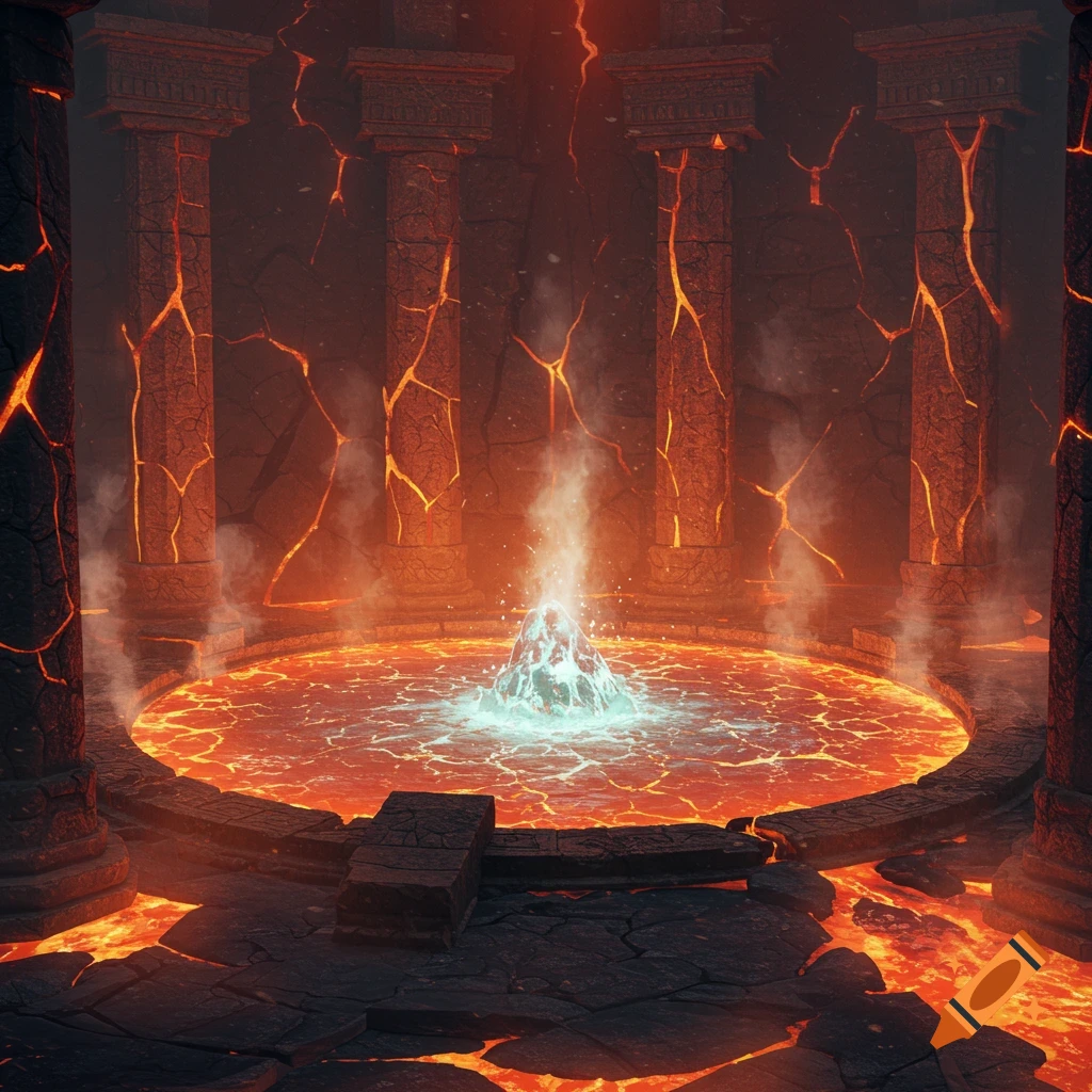 A dark, ruined temple with stone pillars, glowing lava, and a central pool of luminous water emitting steam. Fantasy art.