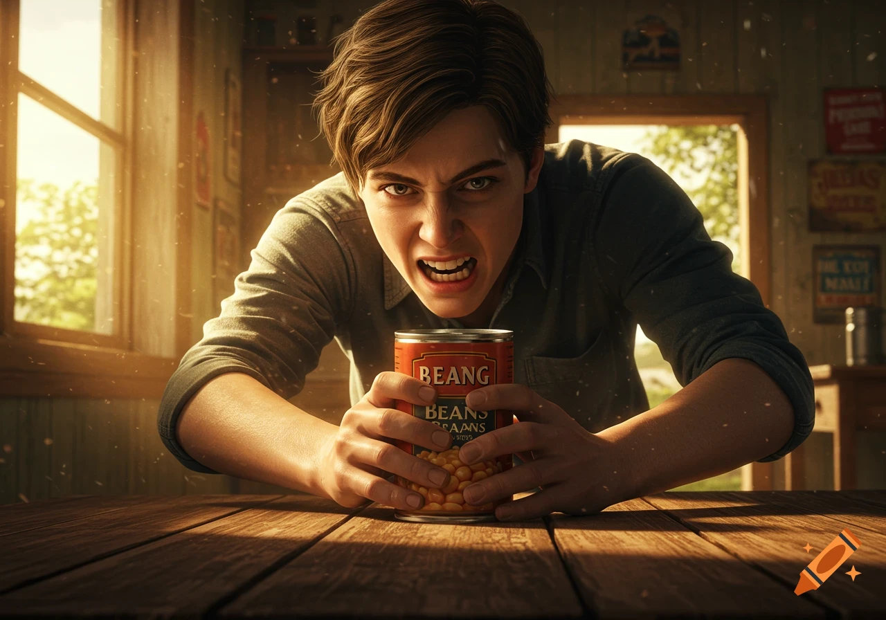 A photorealistic image of an angry young man struggling to push over a red can of beans on a wooden table in a sunlit room.
