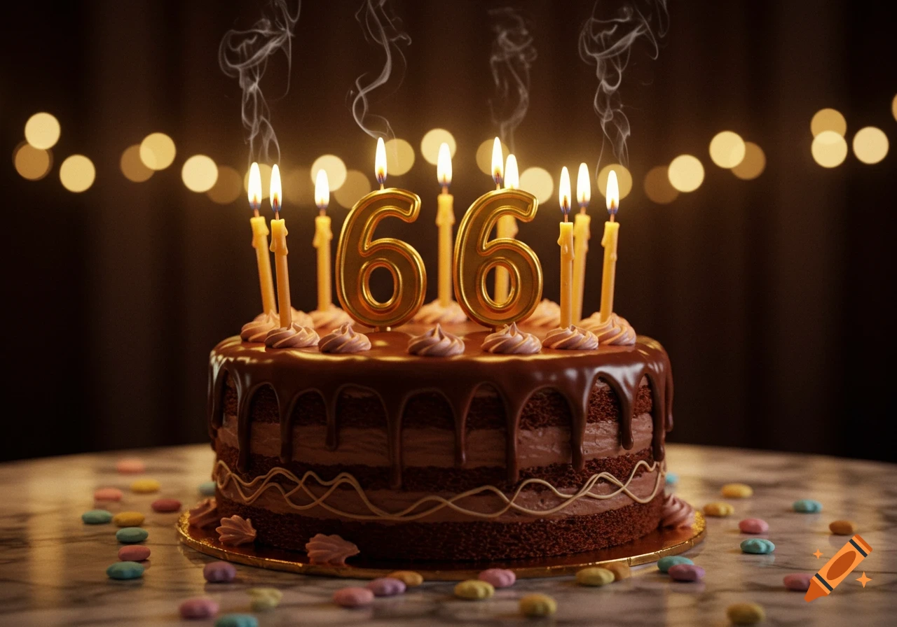 Photorealistic close-up of a chocolate birthday cake with '66' numerical candles burning, surrounded by colorful candies and bokeh lights.