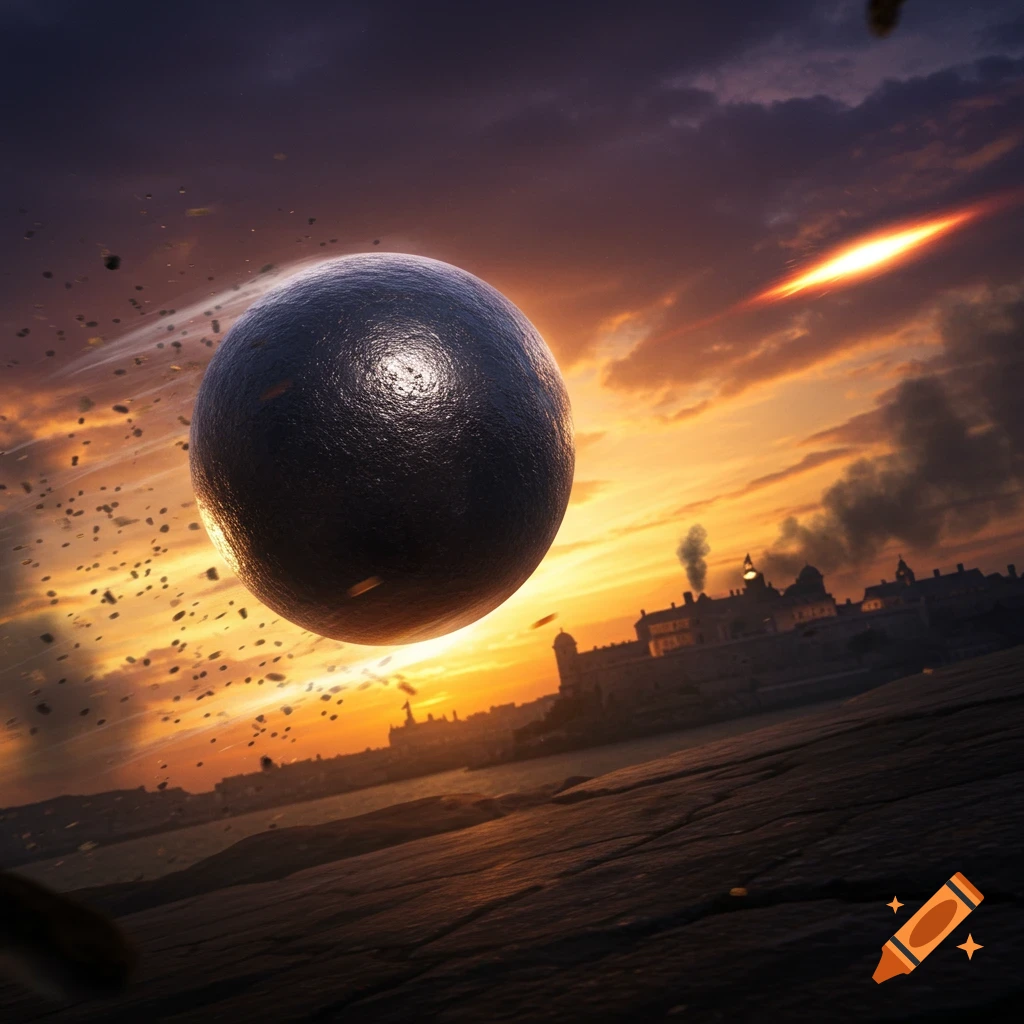 A large, dark cannonball flies rapidly over a city skyline at a dramatic sunset.