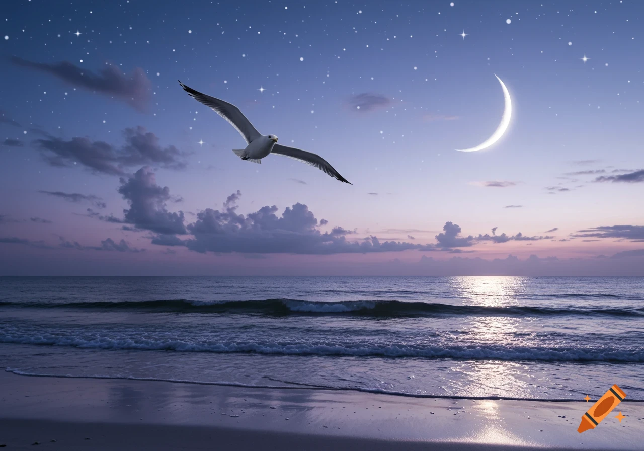 A seagull flies over a moonlit ocean at dusk, with a crescent moon and stars in the sky, and gentle waves on a sandy beach.