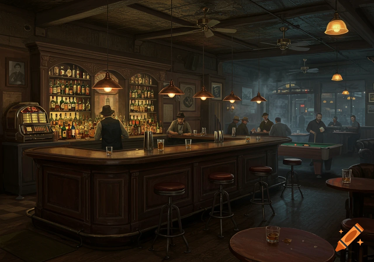 A detailed illustration of a dimly lit, vintage bar interior with a bartender, patrons at the counter, and men playing pool.