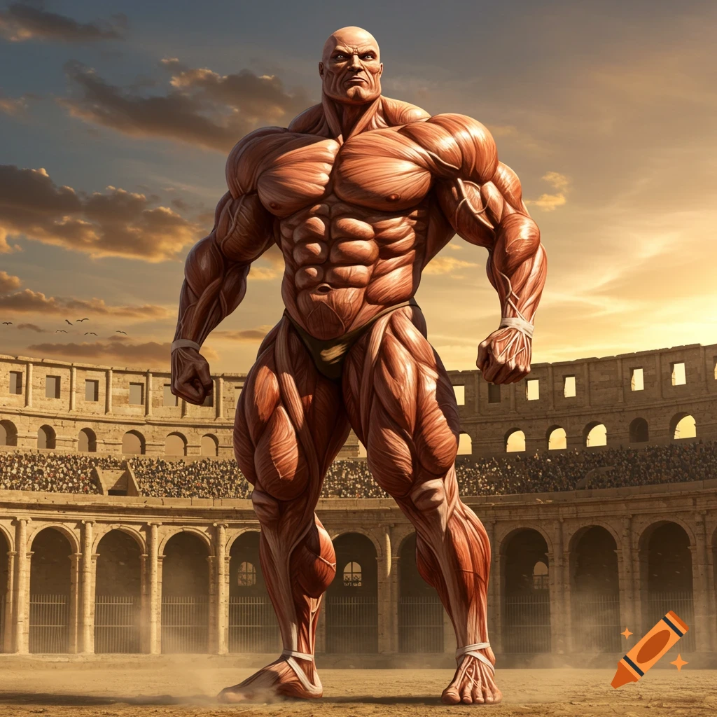 A giant, hyper-muscular, anatomical figure in a loincloth stands in an ancient Roman coliseum under a dramatic sky.