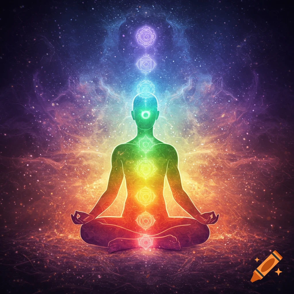 A silhouetted figure meditates in a lotus position, glowing with vibrant rainbow chakras against a cosmic starlit background.