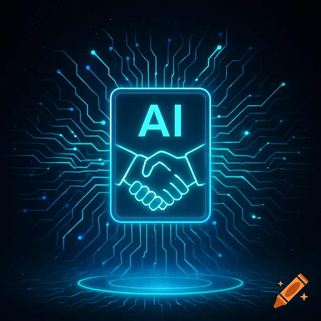 Glowing blue AI icon with a handshake symbol on a circuit board background, representing partnership in technology.