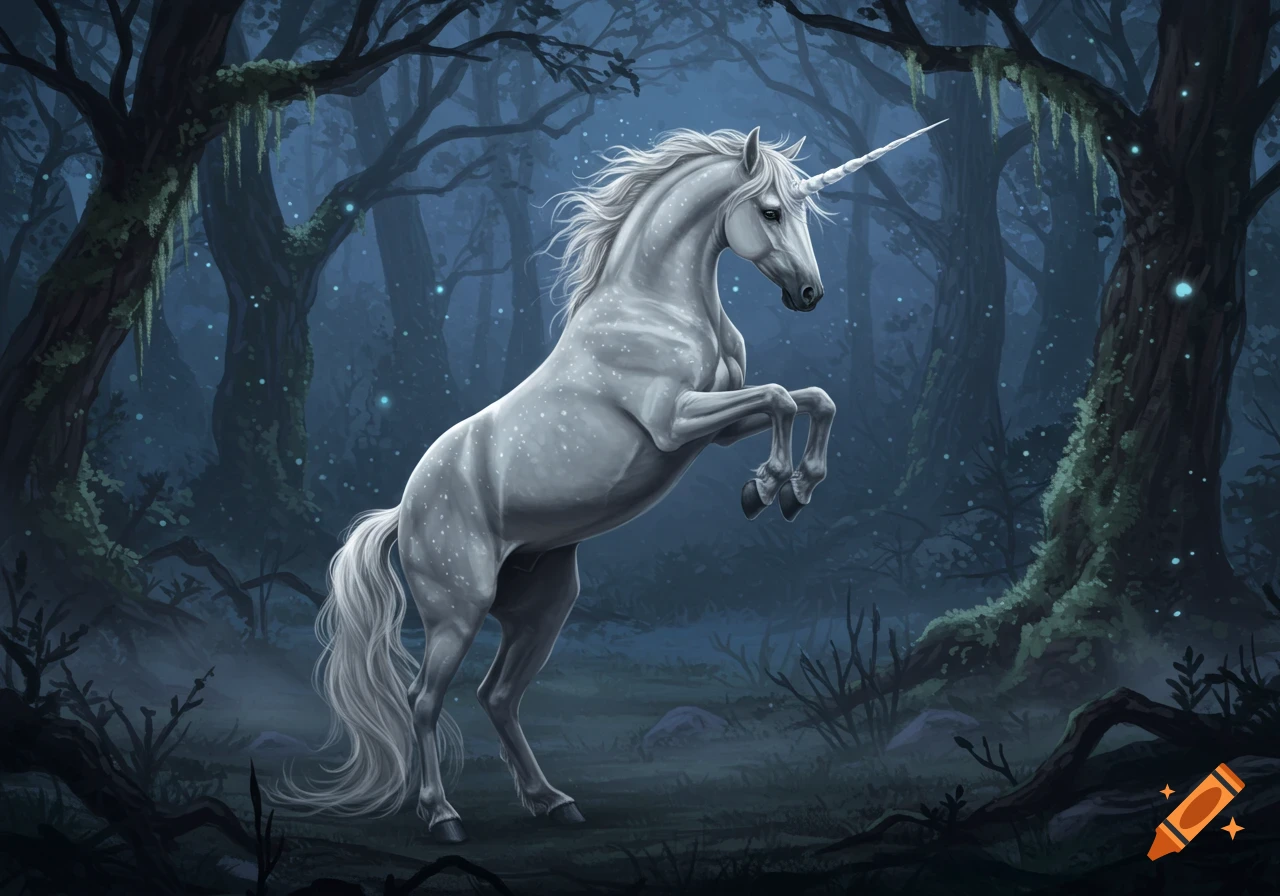 A majestic white unicorn rears up in a mystical, dark forest with glowing blue specks. Realistic drawing style.