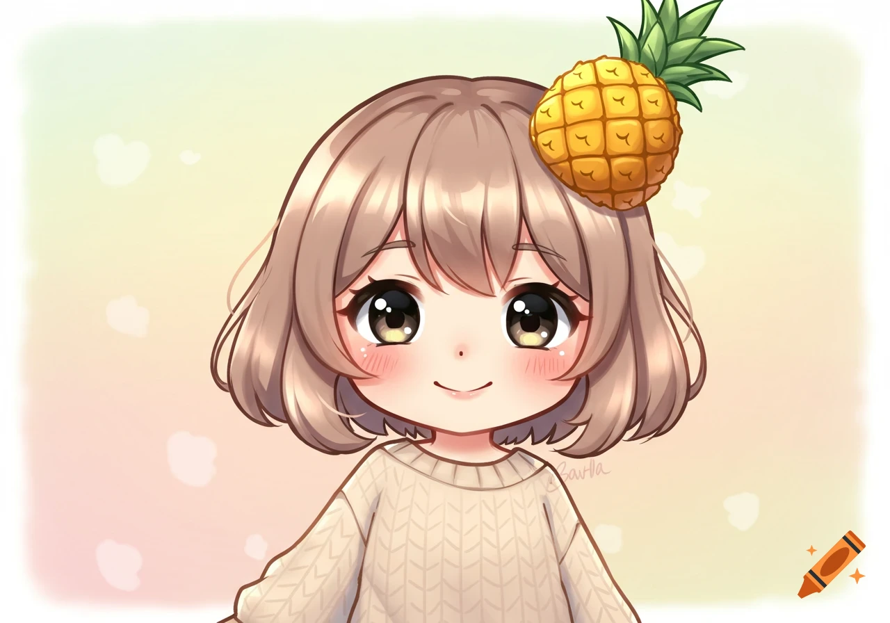 A cute chibi anime girl with short brown hair, big eyes, and blushing cheeks, wearing a cream knit sweater and a pineapple on her head.
