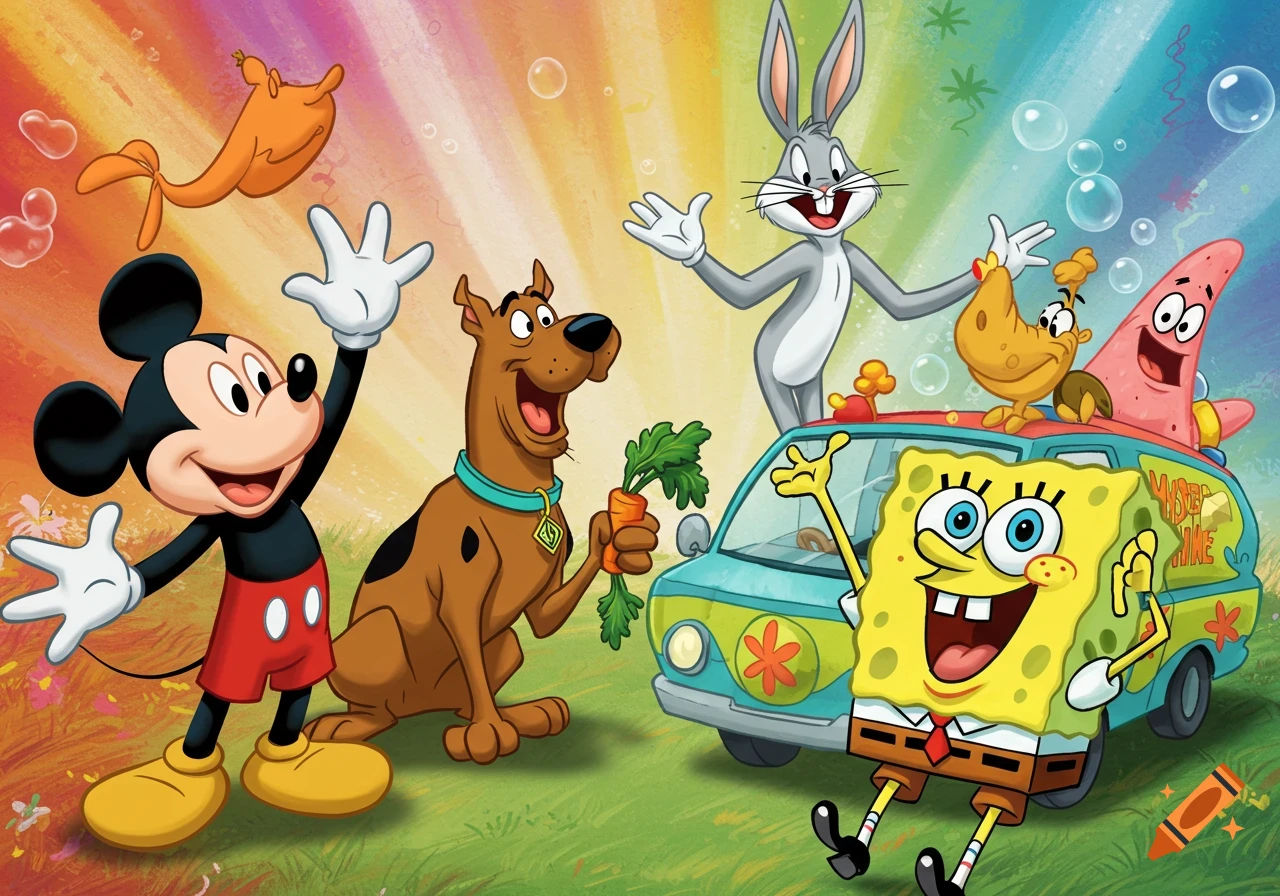Mickey Mouse, Scooby Doo, Bugs Bunny, Spongebob, and Patrick Star cheerfully gather in a colorful cartoon illustration.