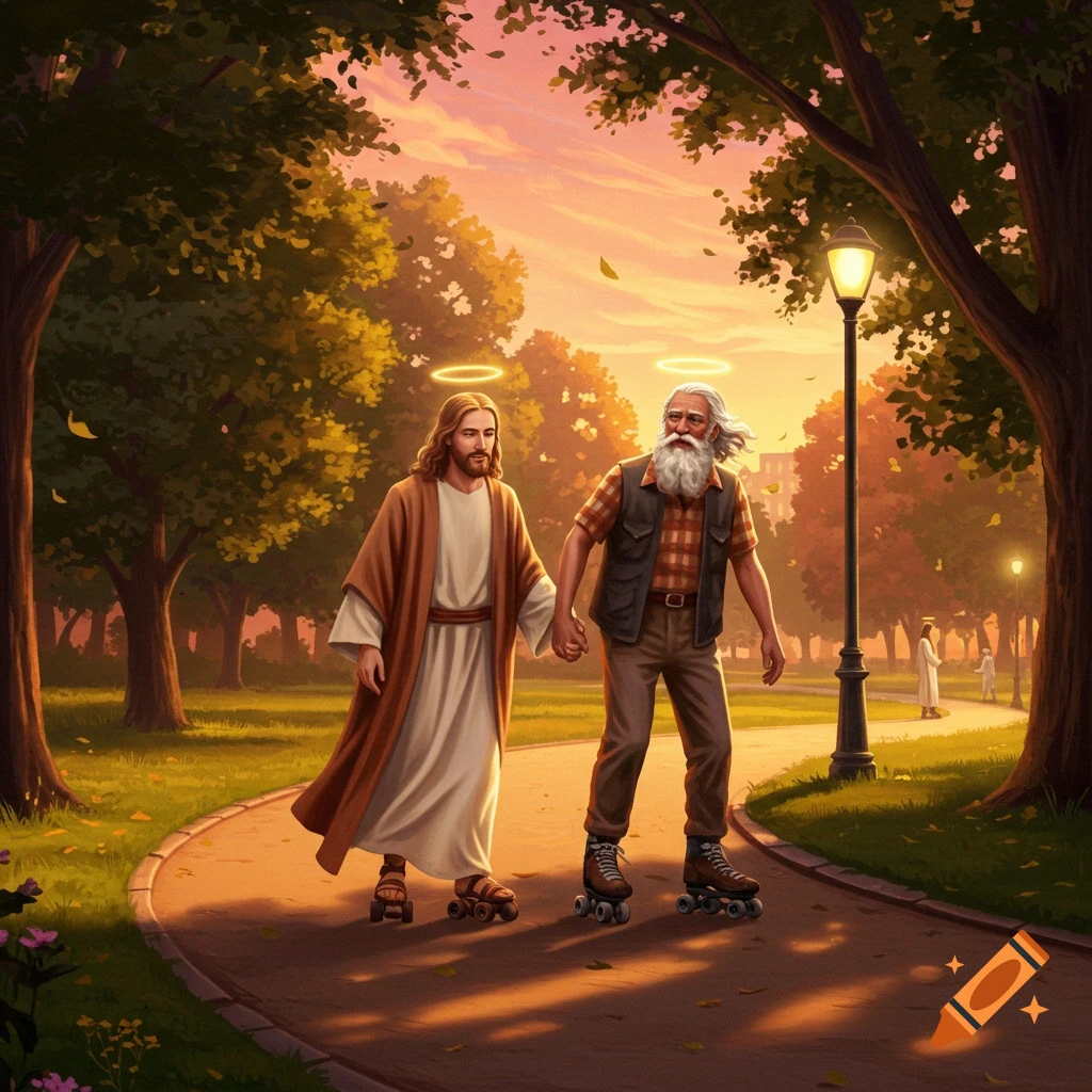 Jesus and an old man roller skating together, holding hands on a park path at sunset, with halos, painterly art.