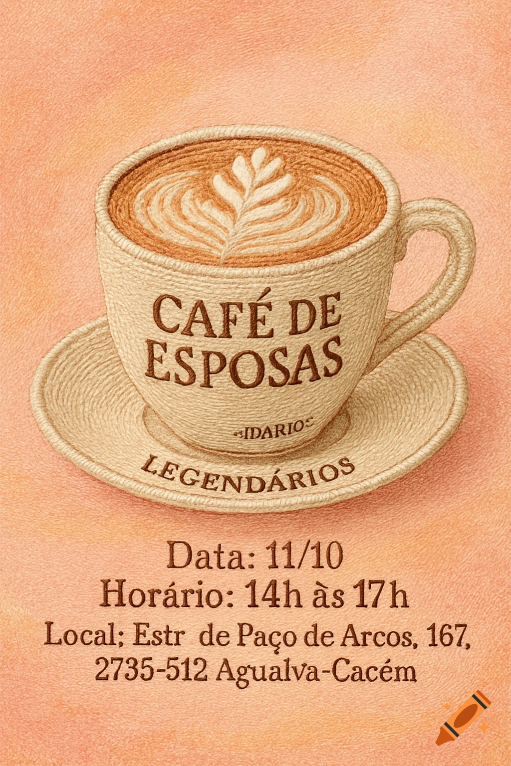 An embroidered coffee cup with latte art and a saucer on a light orange background. Event details are stitched below.