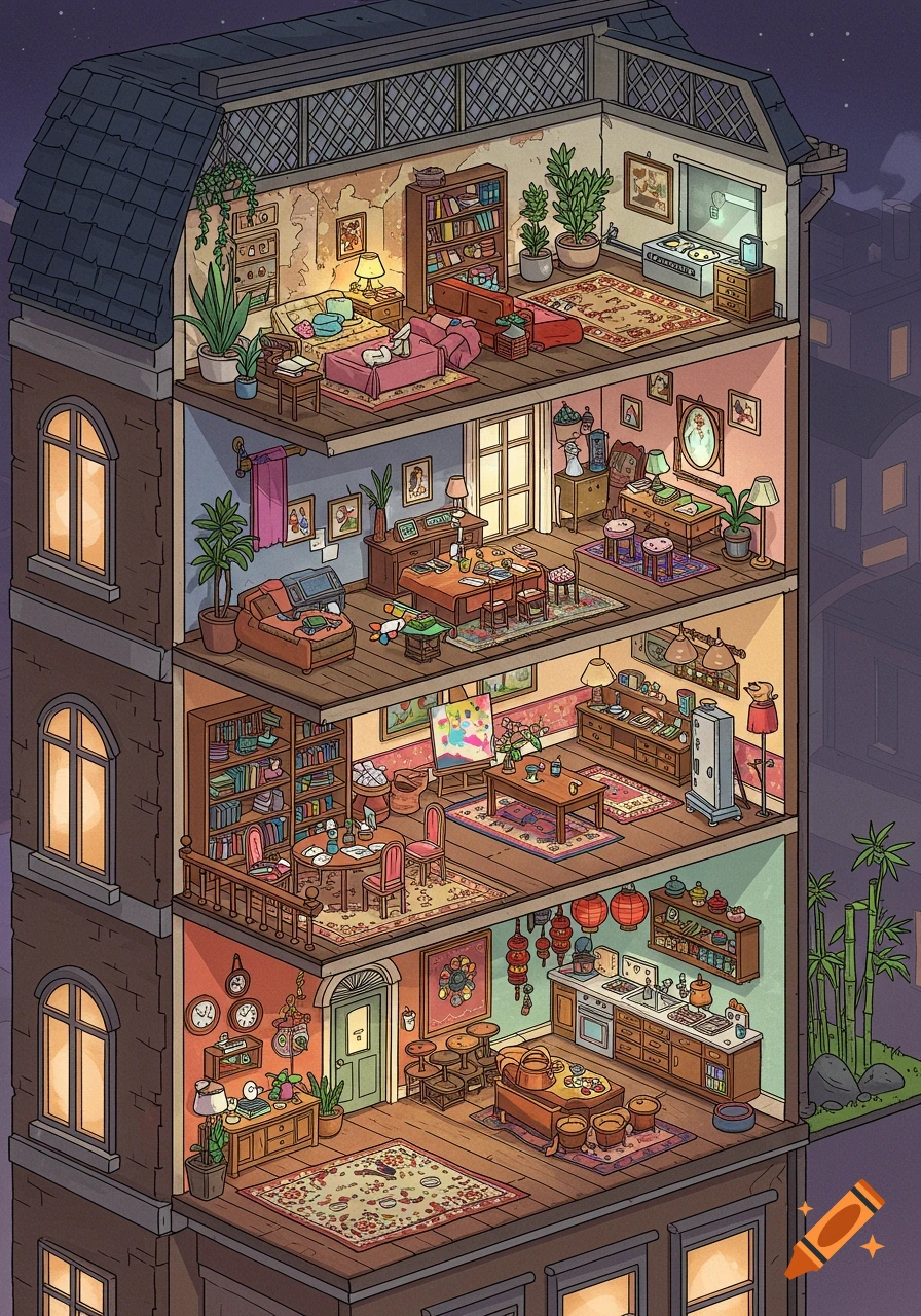 Isometric cross-section of a detailed multi-story animated house, revealing 6 unique apartments with various rooms.