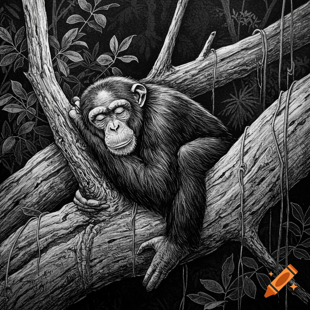 Black and white ink drawing of a chimpanzee sleeping on a tree branch in a jungle.