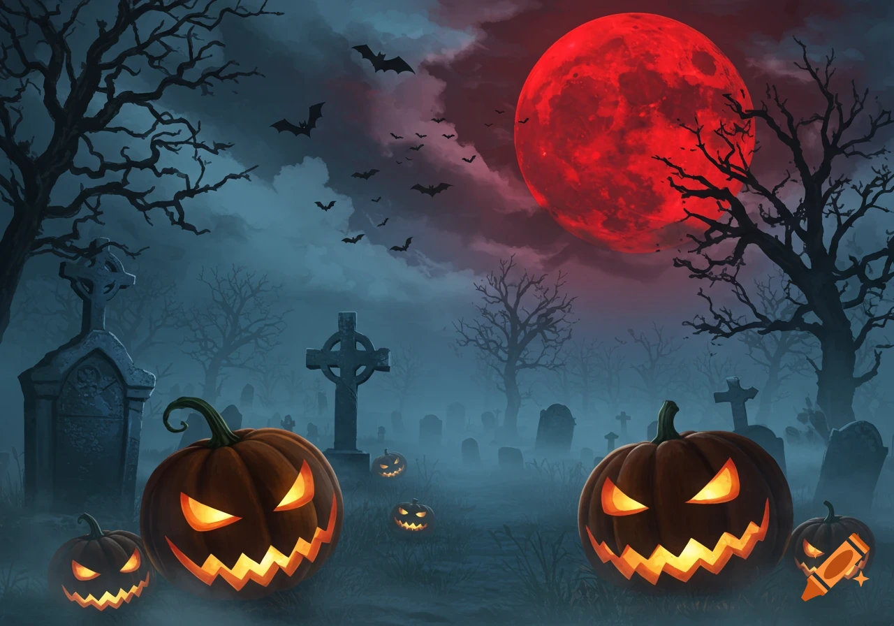 A spooky Halloween graveyard scene with glowing jack-o'-lanterns, bats flying under a red full moon, and misty bare trees.