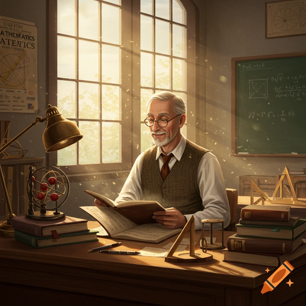 An elderly male teacher with glasses reads a book at a desk in a sunlit vintage study with a blackboard and mathematical diagrams.