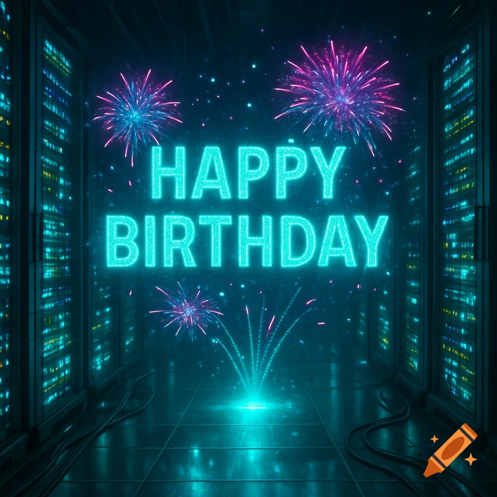 A neon 'HAPPY BIRTHDAY' sign with fireworks in a dark, high-tech server room with glowing blue racks.
