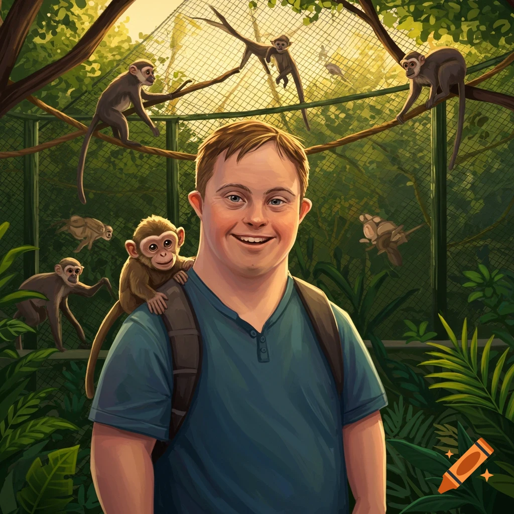 Smiling person with Down syndrome in an illustrated monkey enclosure, with a baby monkey on their shoulder.