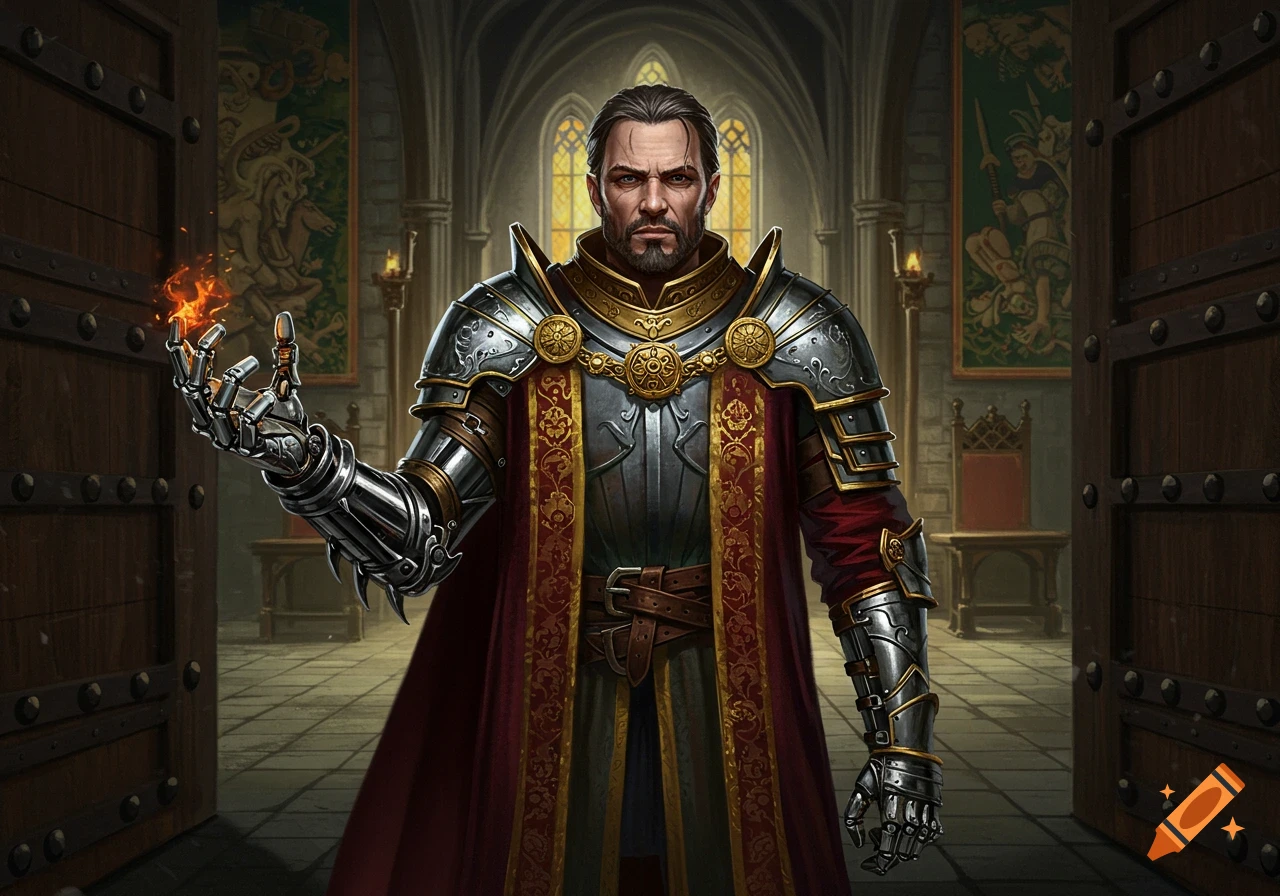 A stern medieval lord in ornate armor with a bionic iron arm holds a small flame, standing in a grand cathedral hall.