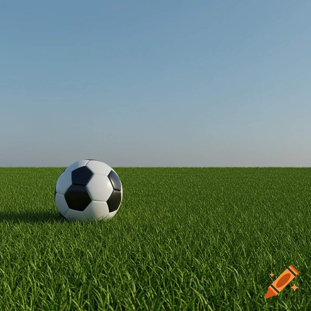 A black and white soccer ball rests on a vibrant green field under a clear blue sky.