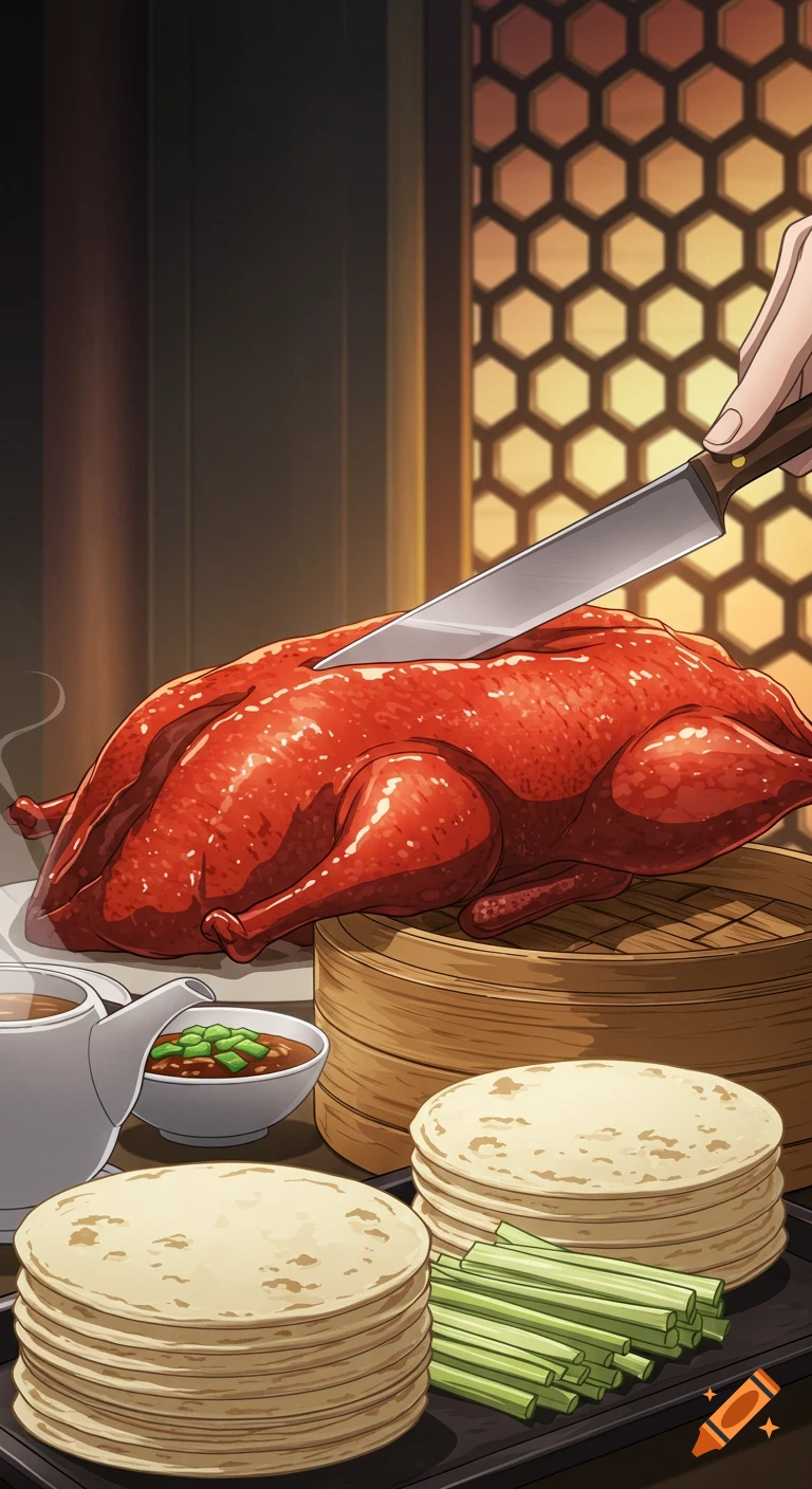 An anime-style illustration of a chef carving a glistening Peking duck at a table, with stacks of pancakes and green onions.