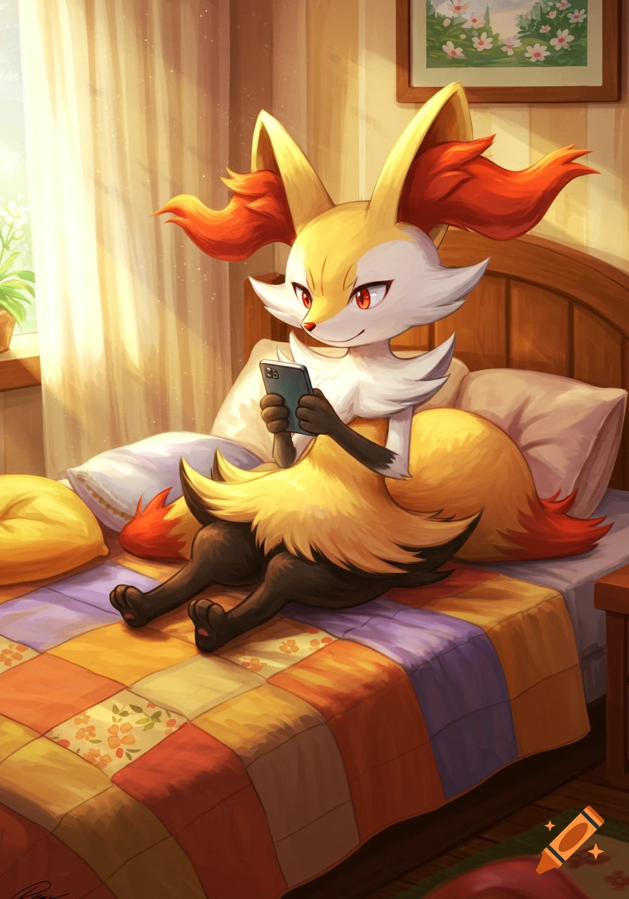 Braixen, a fox-like Pok essmon, sits on a bed with a colorful quilt, looking at a phone in a sunlit room. Anime style.